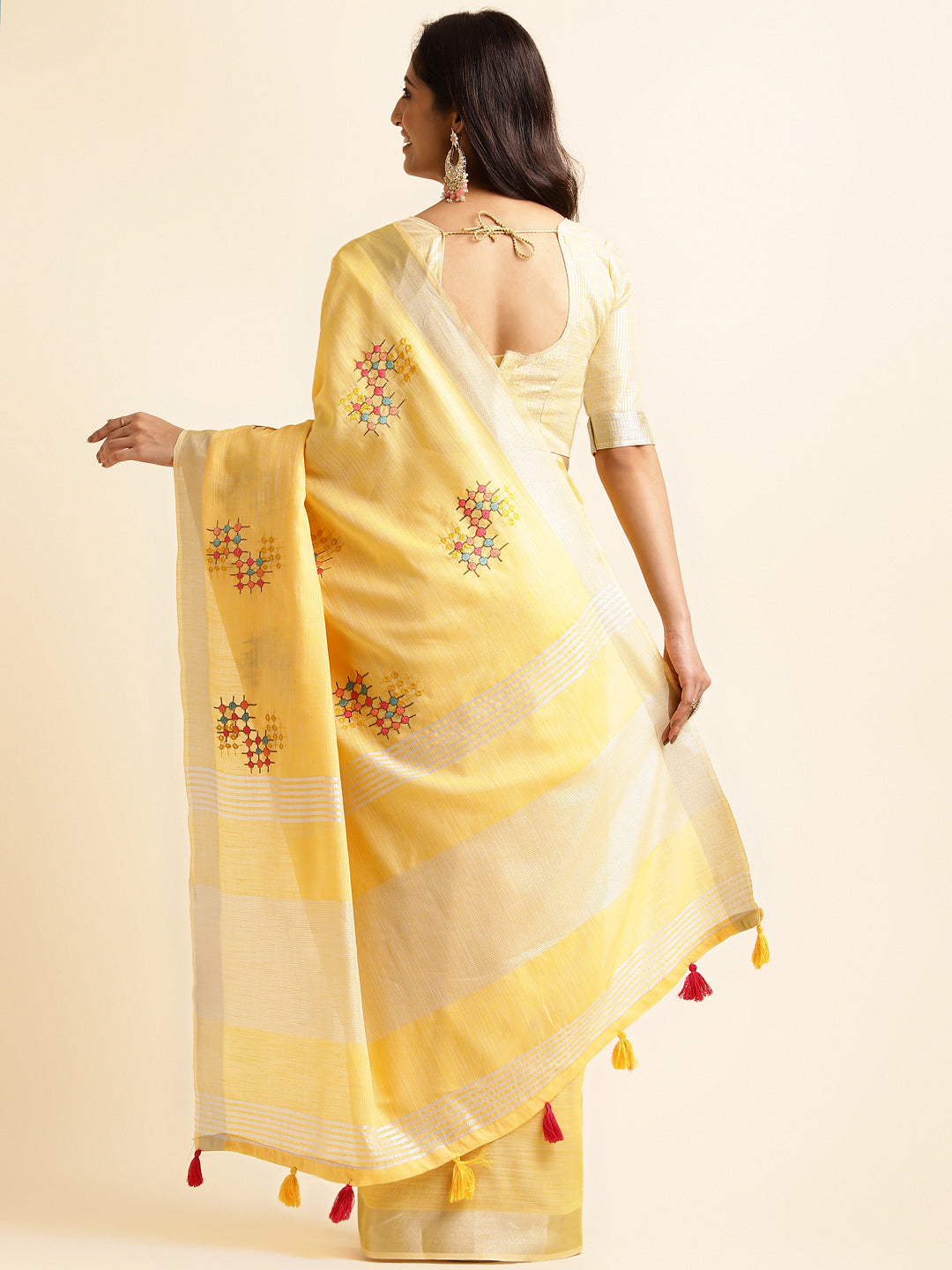 Yellow Linen Cotton Embroidery Saree