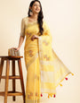 Yellow Linen Cotton Embroidery Saree