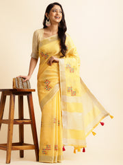 Yellow Linen Cotton Embroidery Saree