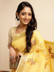 Yellow Linen Cotton Embroidery Saree