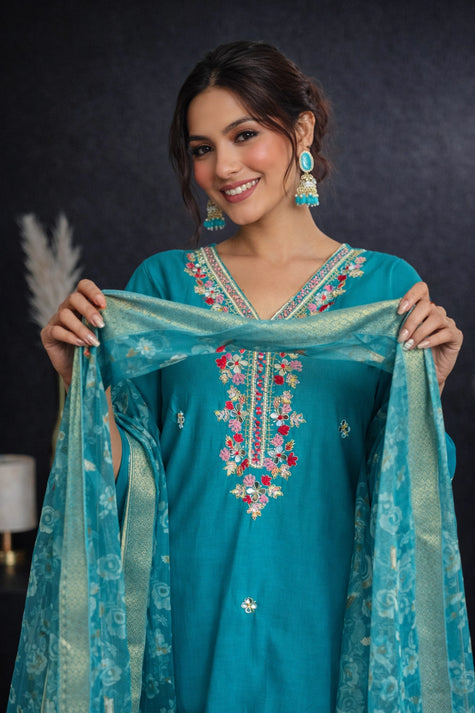 Sky Blue Pure Cotton Embroidered Stitched Suit Set
