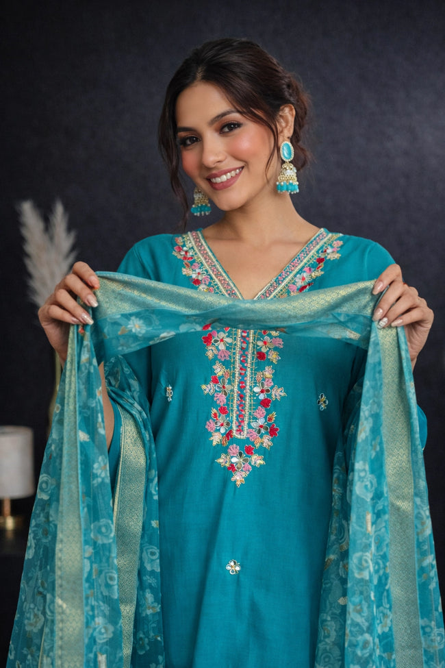 Sky Blue Pure Cotton Embroidered Stitched Suit Set