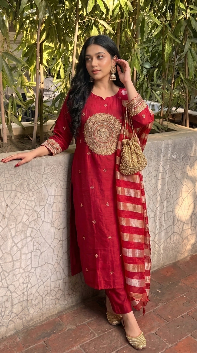 Red Silk Blend Stitched Suit Set