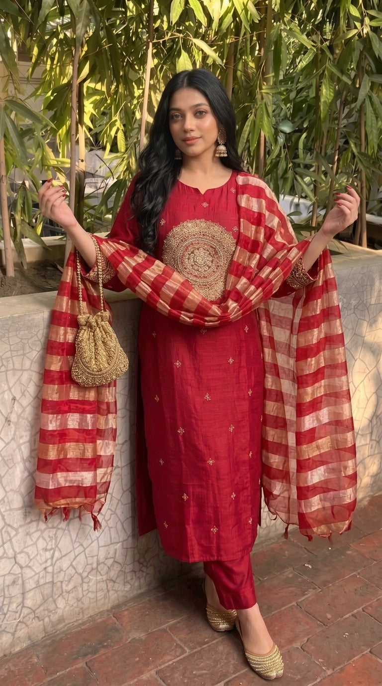 Red Silk Blend Stitched Suit Set