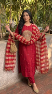 Red Silk Blend Stitched Suit Set