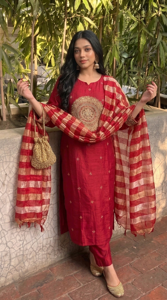 Red Silk Blend Stitched Suit Set