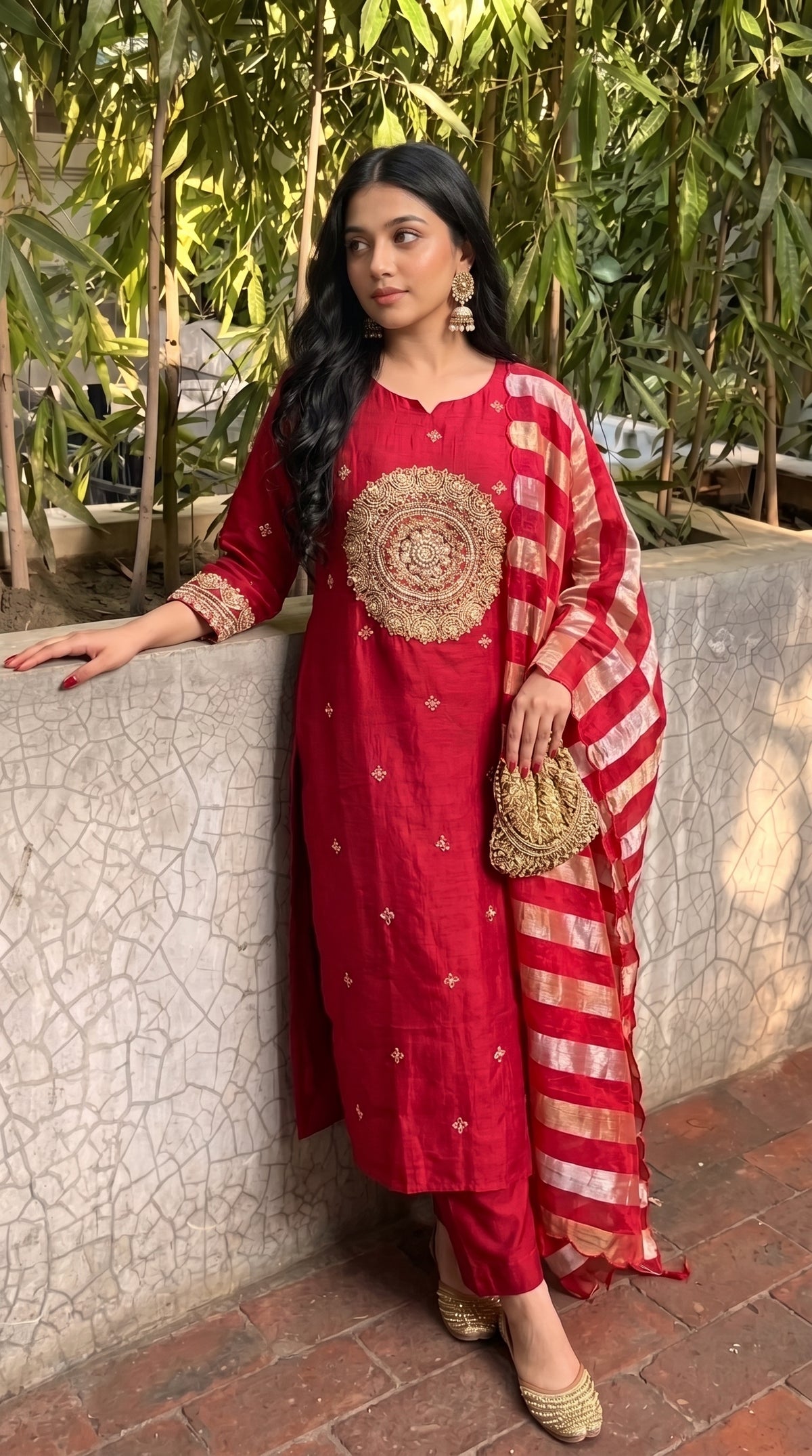 Red Silk Blend Stitched Suit Set
