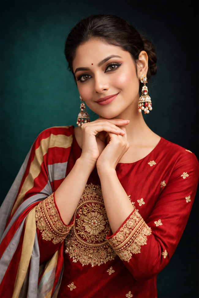 Red Silk Blend Embroidered Stitched Suit Set