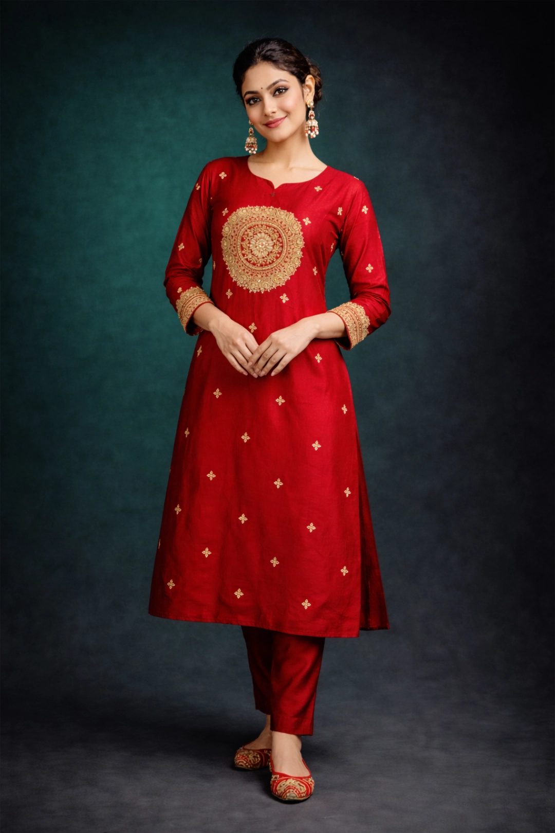 Red Silk Blend Embroidered Stitched Suit Set