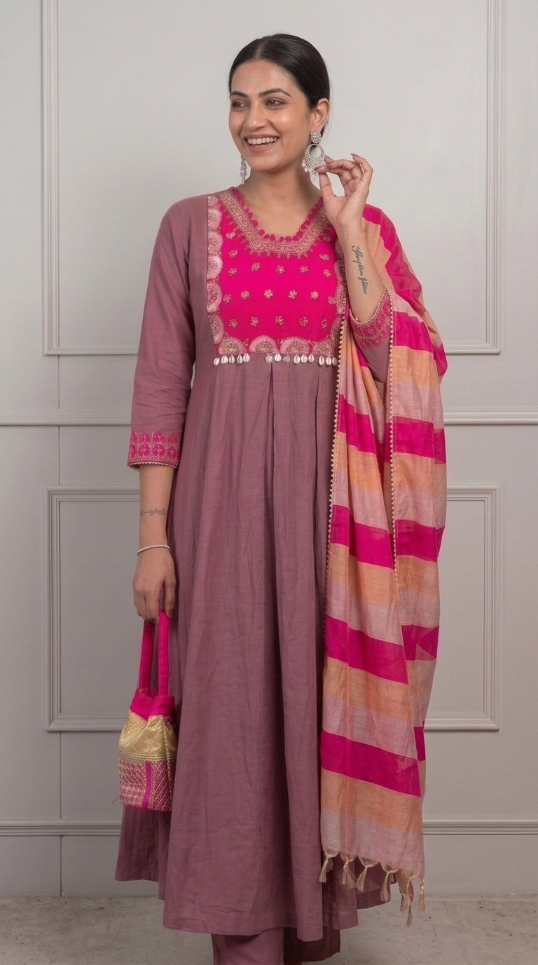 Rani Pink Silk Blend Stitched Suit Set