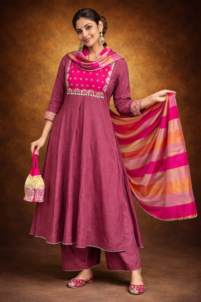 Rani Pink Silk Blend Embroidered Stitched Suit Set