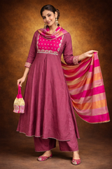 Rani Pink Silk Blend Embroidered Stitched Suit Set