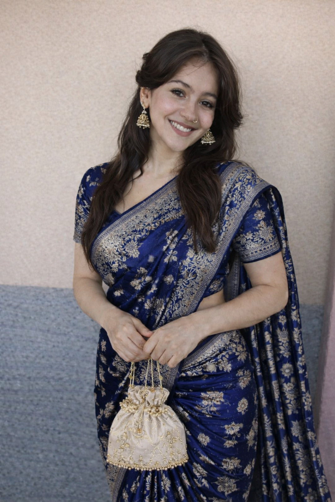 Dark Blue Banarasi Silk Zari Saree Styled By Tanya