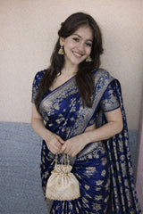 Dark Blue Banarasi Silk Zari Saree Styled By Tanya