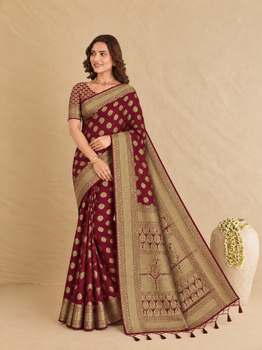 Maroon Banarasi Silk Jacquard Work Saree