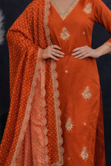 Rustic Orange  Pure Silk Embroidered Stitched Suit Set