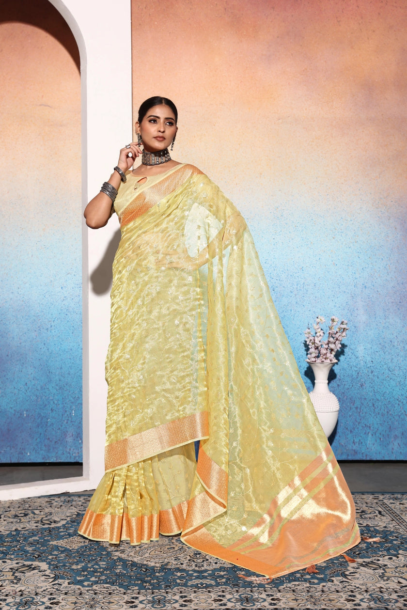 Light Yellow Embroidered Tissue Cotton silk saree