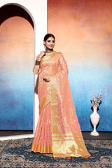 Orange Embroidered Tissue Cotton silk saree