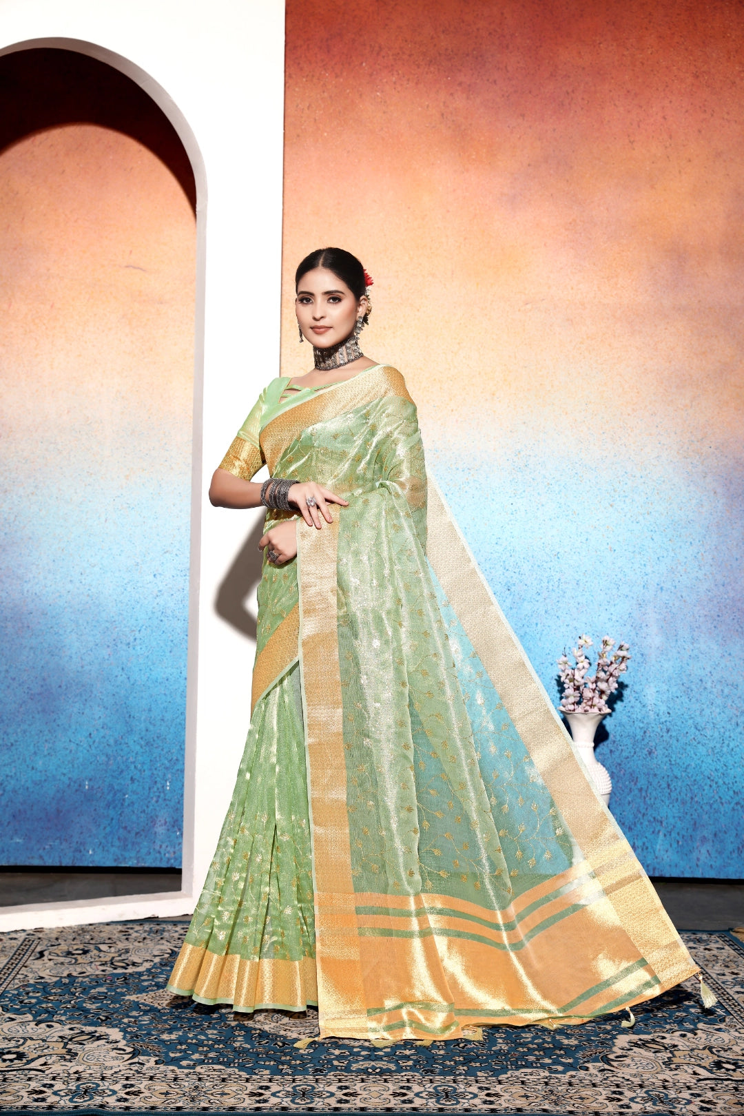 Pista Green Embroidered Tissue Cotton silk saree