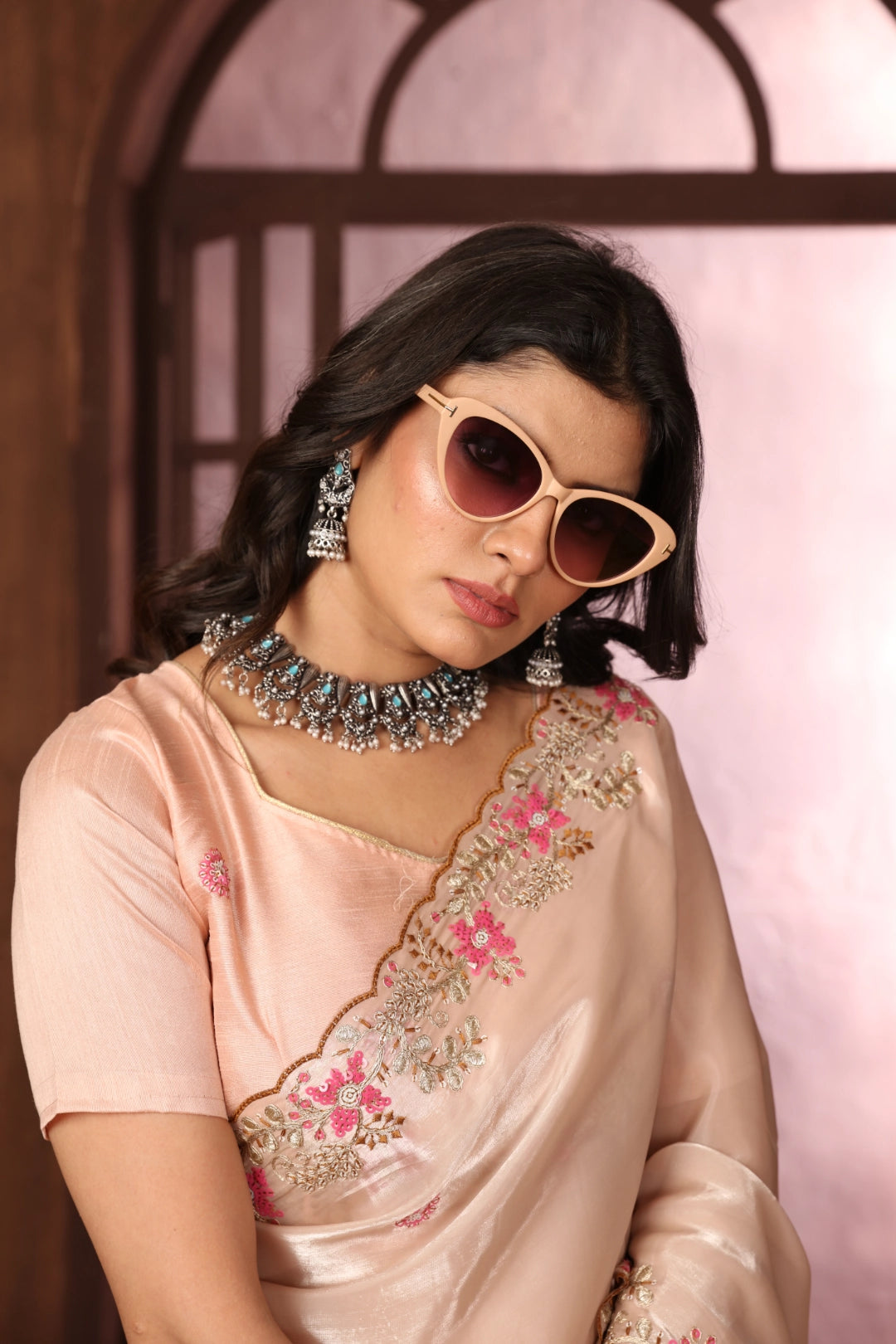 Pink Floral Sequins Border work Jimmy Choo Saree
