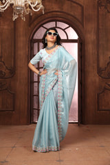 Sky Blue Floral Sequins Embroidery Work Jimmy Choo Saree