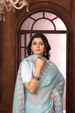 Sky Blue Floral Sequins Embroidery Work Jimmy Choo Saree