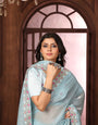 Sky Blue Floral Sequins Embroidery Work Jimmy Choo Saree