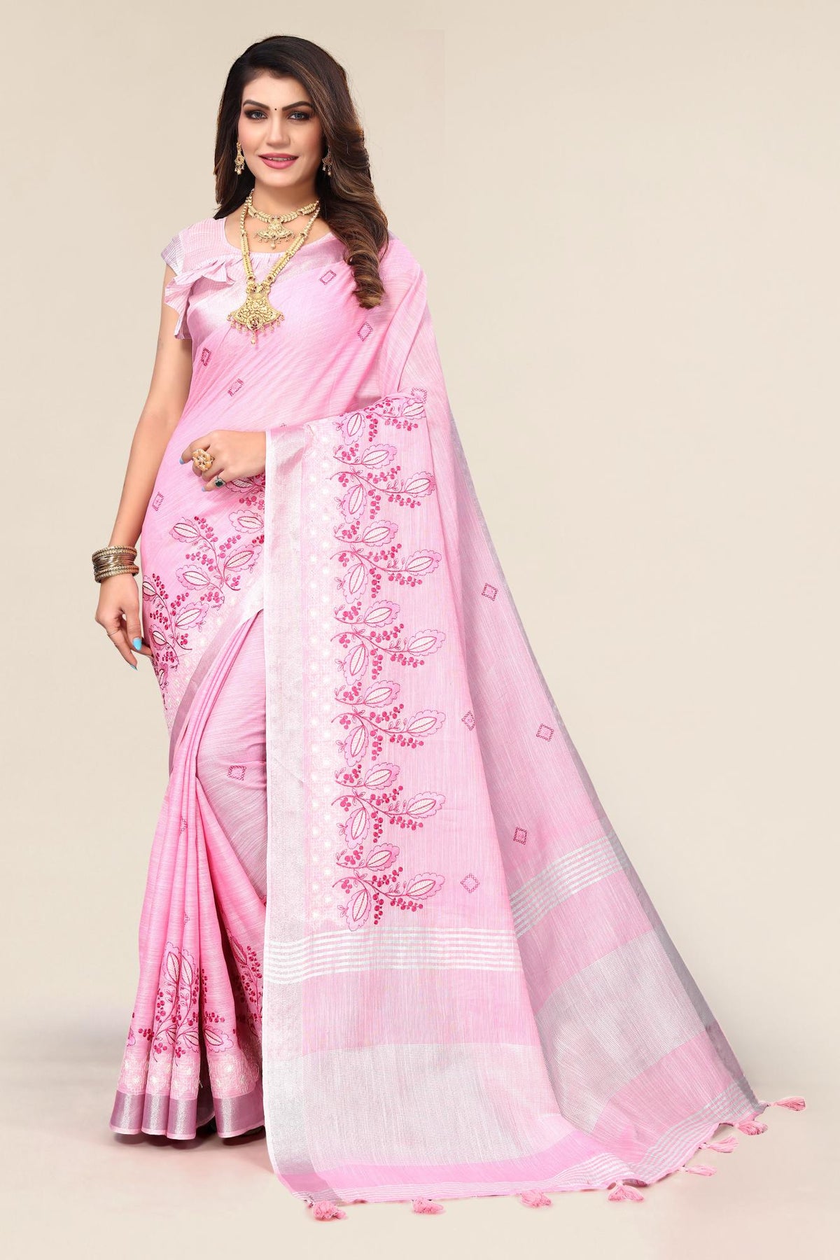 Pink Linen Cotton Embroidery Saree