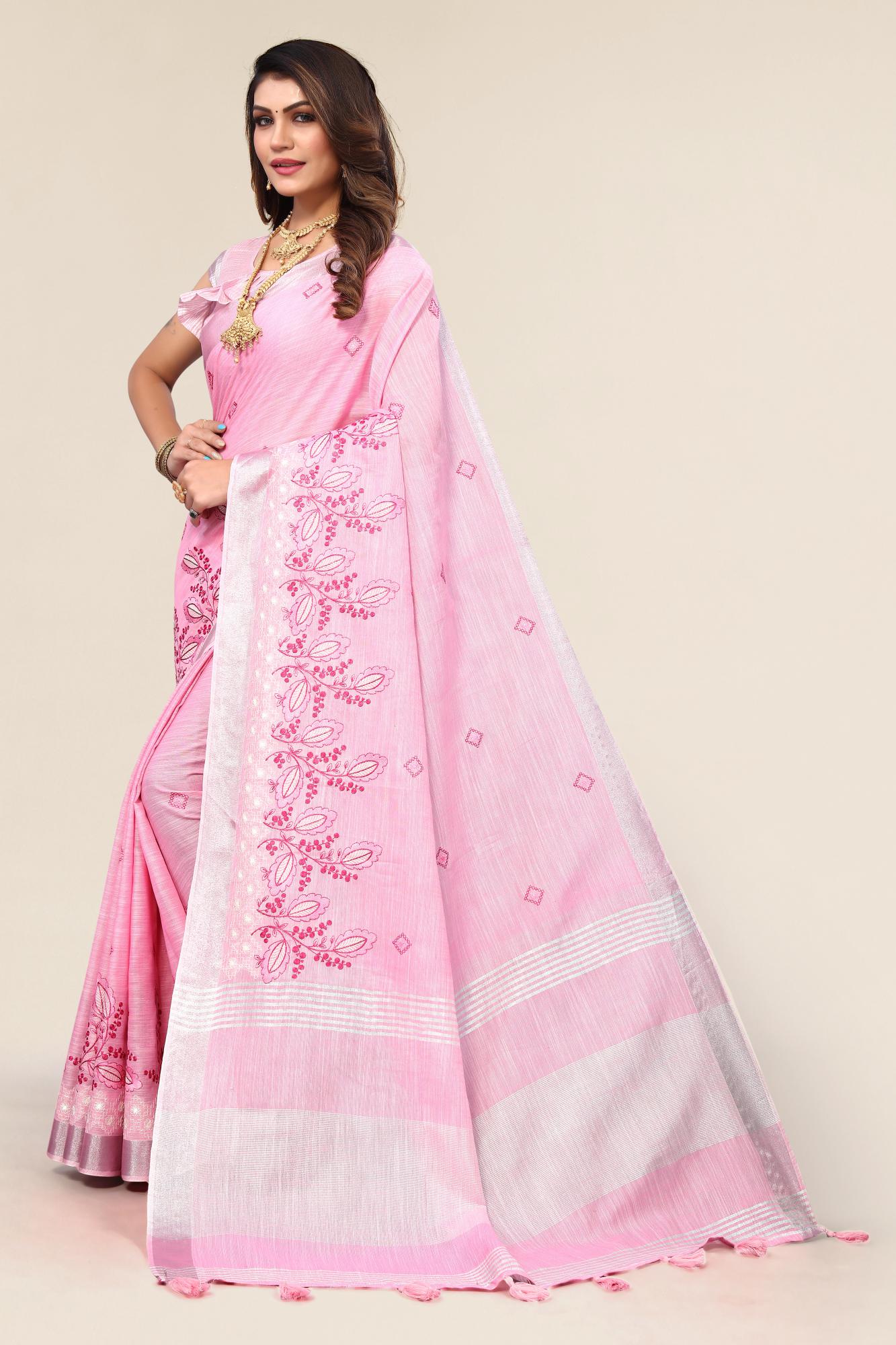 Pink Linen Cotton Embroidery Saree