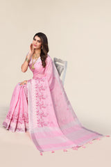 Pink Linen Cotton Embroidery Saree