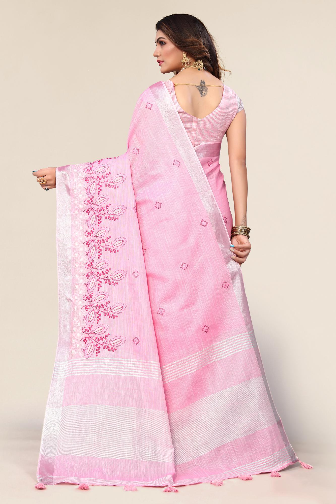 Pink Linen Cotton Embroidery Saree