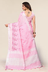 Pink Linen Cotton Embroidery Saree