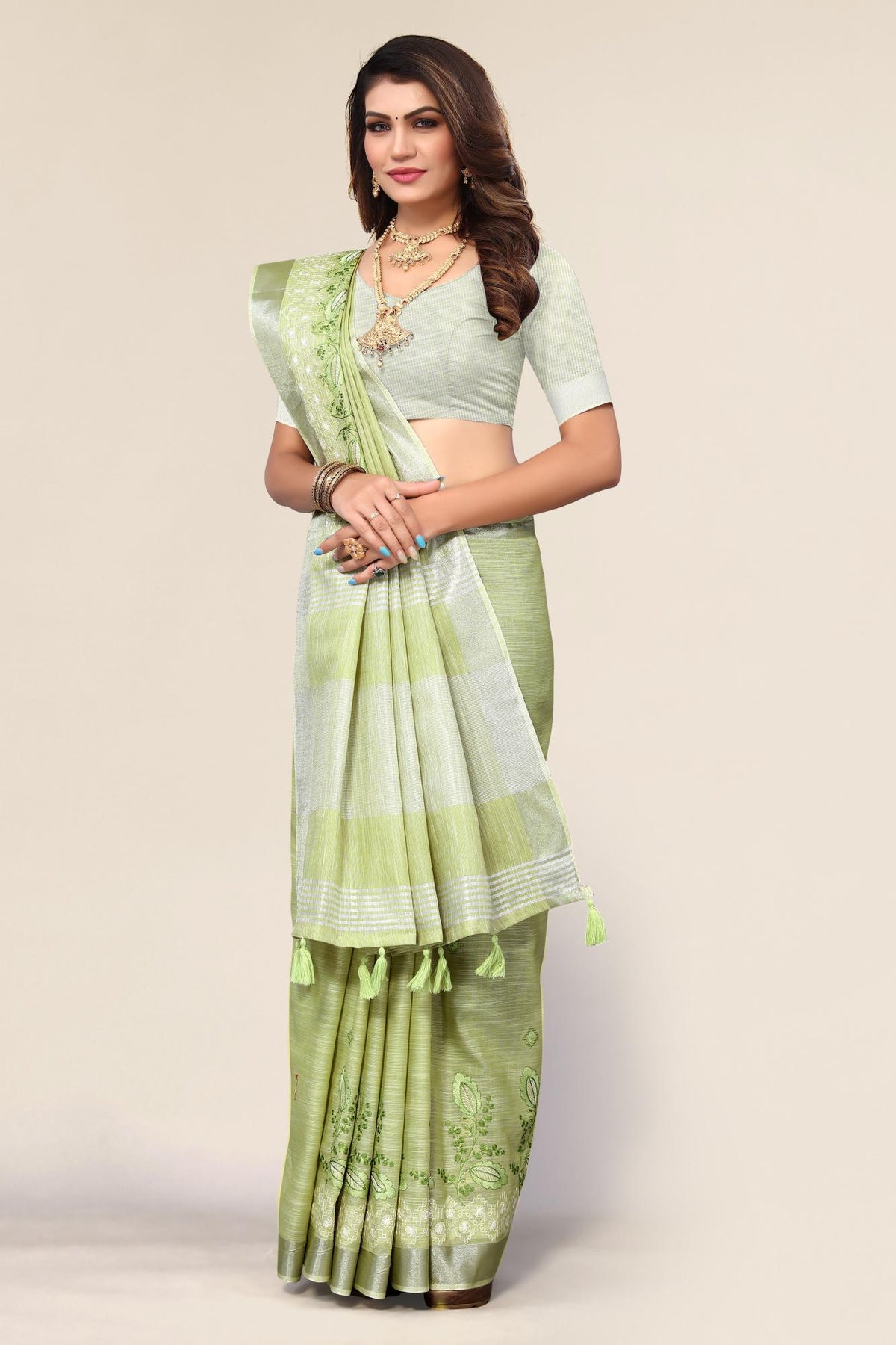 Green Linen Cotton Embroidery Saree