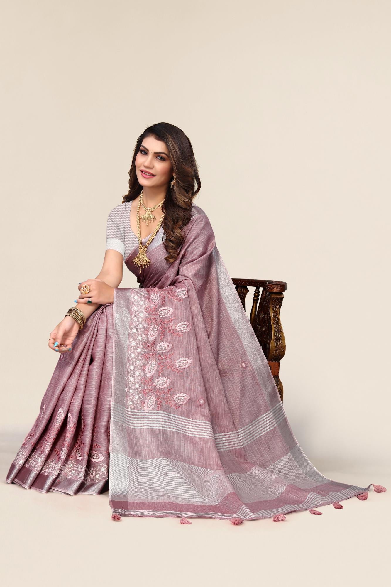 Dark Pink Linen Cotton Embroidery Saree