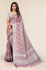 Dark Pink Linen Cotton Embroidery Saree