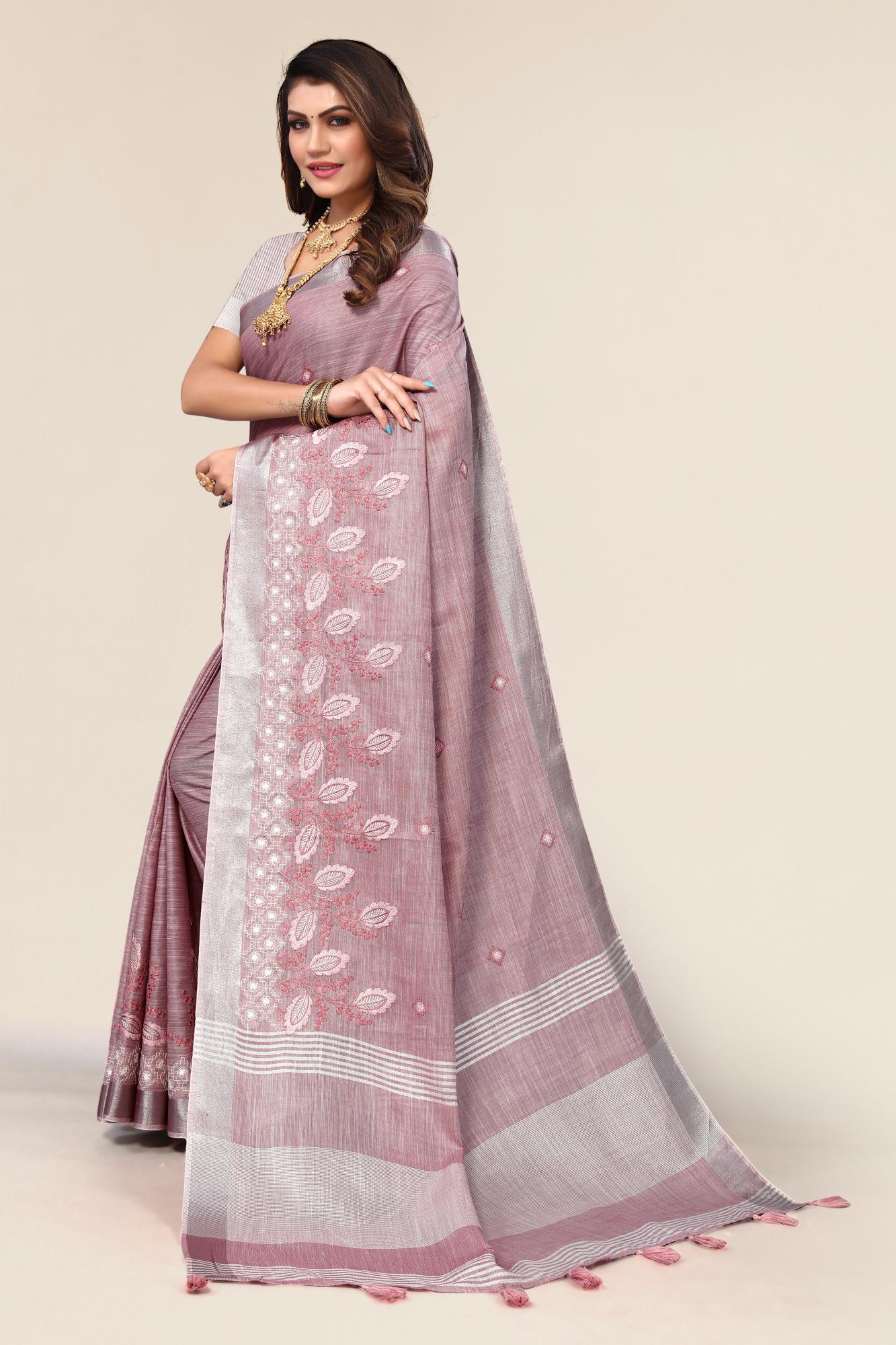 Dark Pink Linen Cotton Embroidery Saree