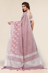 Dark Pink Linen Cotton Embroidery Saree