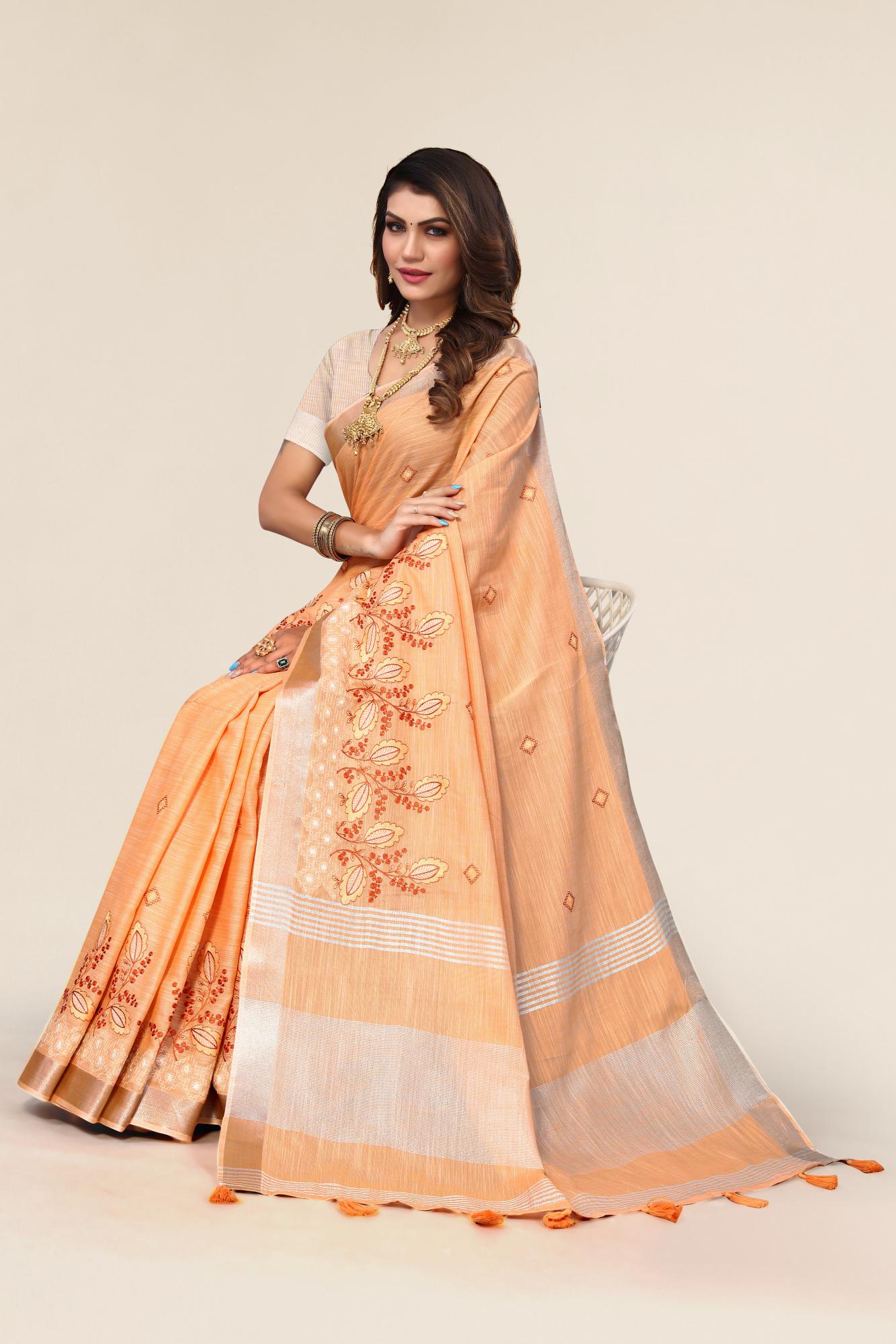 Orange Linen Cotton Embroidery Saree