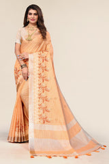 Orange Linen Cotton Embroidery Saree