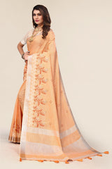 Orange Linen Cotton Embroidery Saree