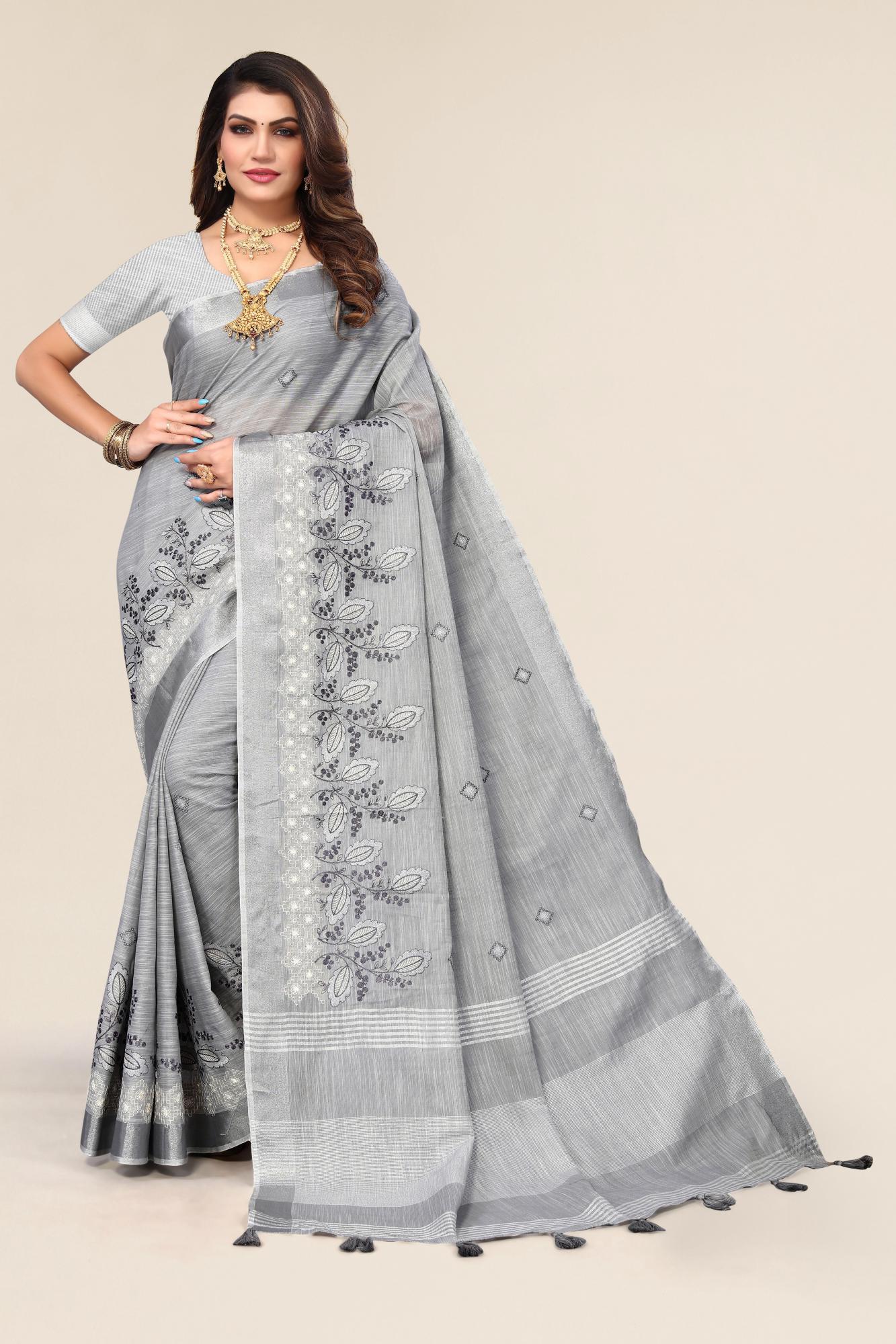 Grey Linen Cotton Embroidery Saree