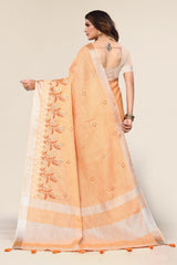 Orange Linen Cotton Embroidery Saree