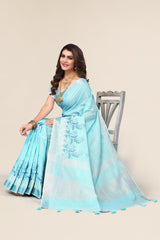 Blue Linen Cotton Embroidery Saree