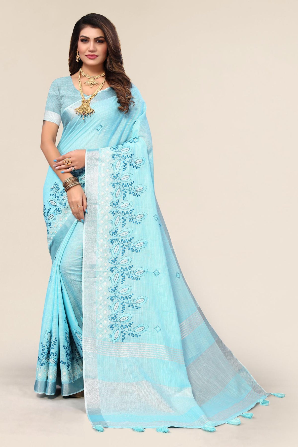 Blue Linen Cotton Embroidery Saree