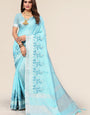 Blue Linen Cotton Embroidery Saree