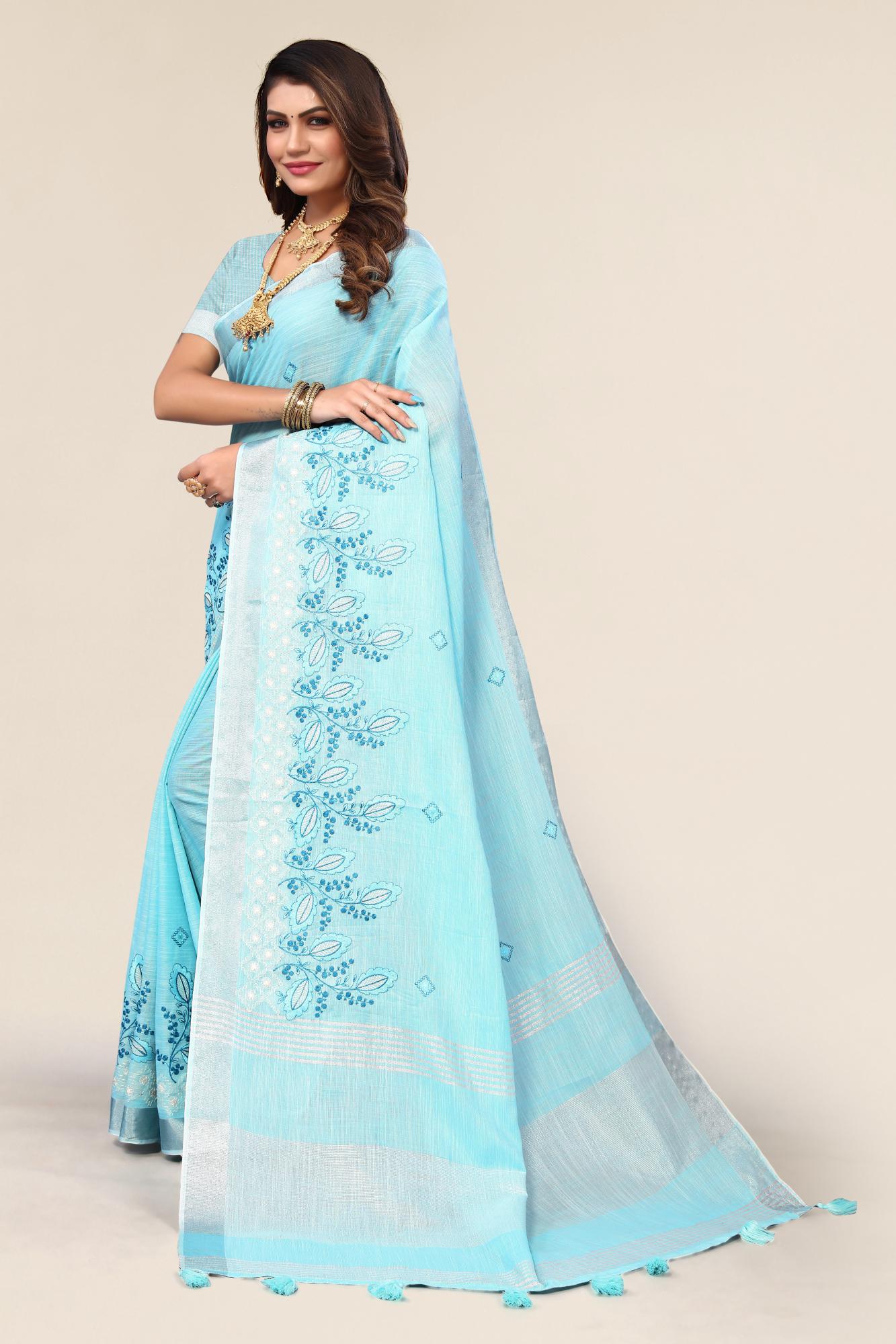 Blue Linen Cotton Embroidery Saree