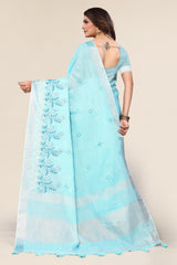 Blue Linen Cotton Embroidery Saree