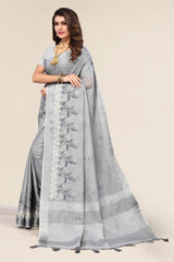 Grey Linen Cotton Embroidery Saree