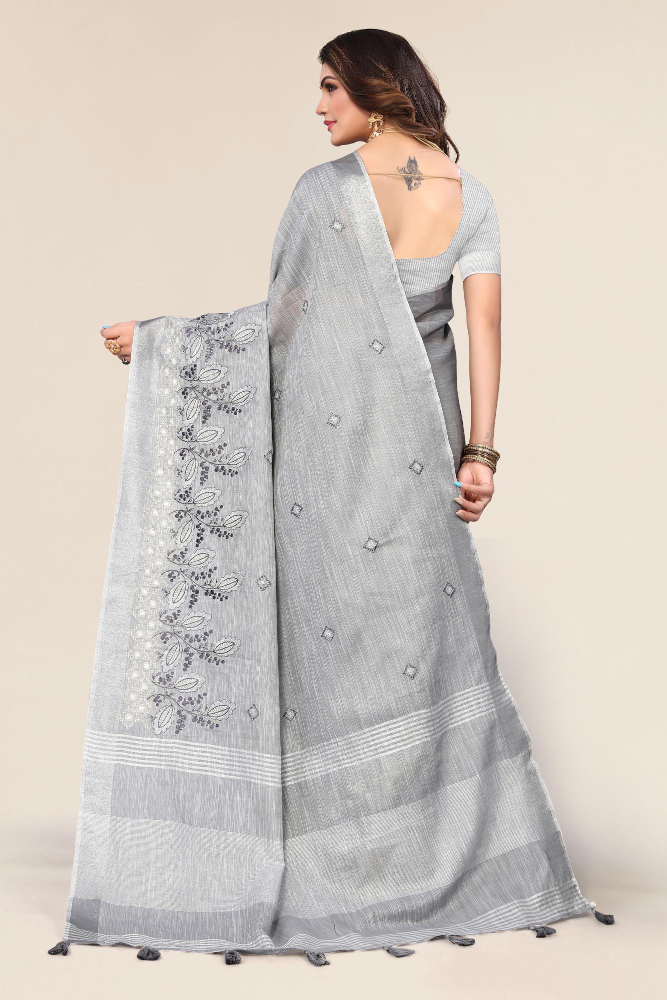 Grey Linen Cotton Embroidery Saree