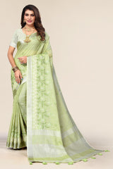 Green Linen Cotton Embroidery Saree